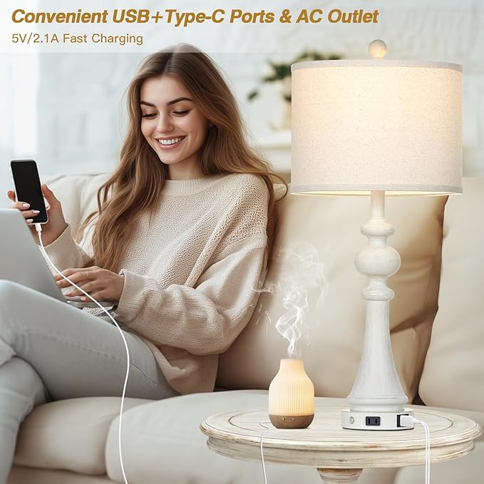 28" Farmhouse Table Lamp with USB A+C Fast Ports & AC Outlets, Vintage Rustic 3-Way Dimmable Touch Control Table Lamp, Rustic Traditional Bedside Nightstand Lamp for Living Room Bedroom White - Bloomnest
