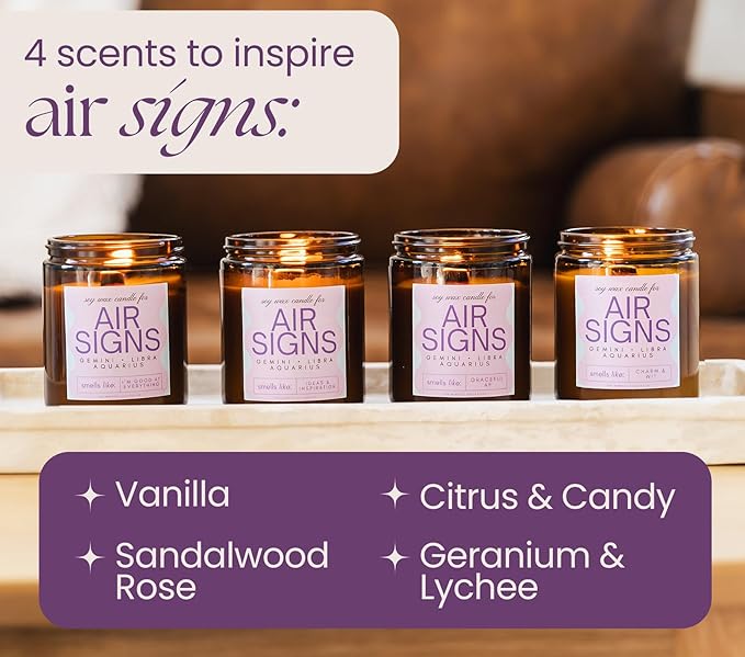 Aquarius, Gemini, Libra Gifts for Women - Wood Wick Candles, 4 Pack Small Candles Set for Women. 6oz Natural Soy Wax, Scented Aromatherapy Set for Home. Zodiac Astrology Birthday Spiritual Gifts - Bloomnest