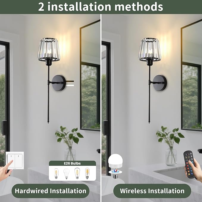 Battery Operated Crystal Wall Sconce Set of 2, Matte Black Wireless Wall Light with Remote Control, LED Dimmable 15 Colors USB Rechargeable Light Bulbs Wall Lamp for Bedroom Living Room Hallway - Bloomnest