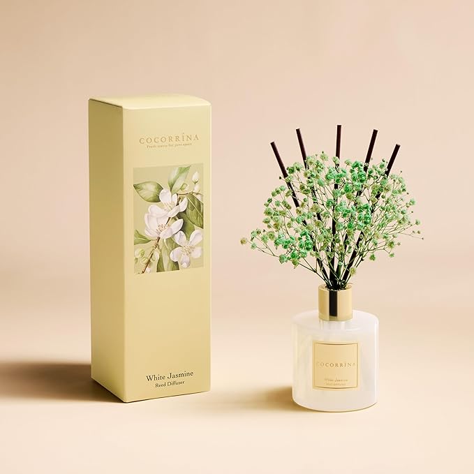 COCORRÍNA Reed Diffuser - White Jasmine 6.7 Fl.oz Reed Diffuser Set with Sticks & Preserved Baby's Breath, Reed Diffuser for Home Bathroom Shelf Decor - Bloomnest