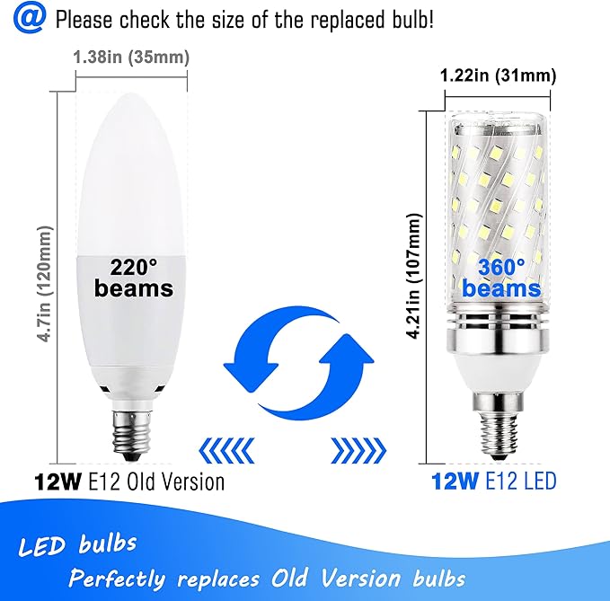 E12 100W Led Candelabra Bulbs Replacement, 6000k Daylight Bright White, E12 12W Led Candle Light Bulbs T6 C7 1200lm, E12 Base Chandelier Pendant Ceiling Fan Bulbs, Non-Dimmable, 4Pack - Bloomnest
