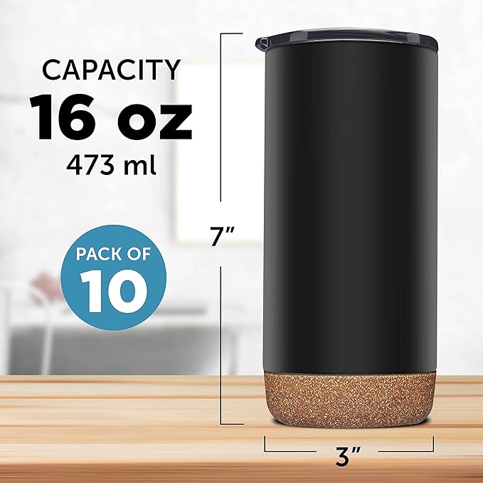 DISCOUNT PROMOS Travel Tumblers with Cork Bottom 16 oz. Set of 10, Bulk Pack - Double Wall Insulated, Matte Finish, Perfect for Iced Coffee, Soda, Other Beverages - Black - Bloomnest