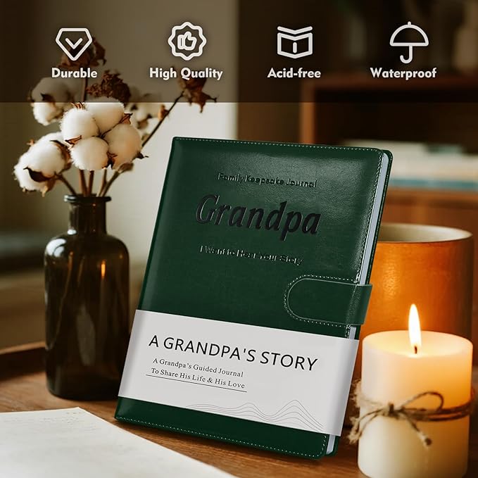 Artmag Grandpa's Life Story Journal with 250+ Prompt Questions, Family Keepsake Book Leather Cover for Grandpa to Share His Memories for Birthday Father's Day Christmas (Dark Green) - Bloomnest