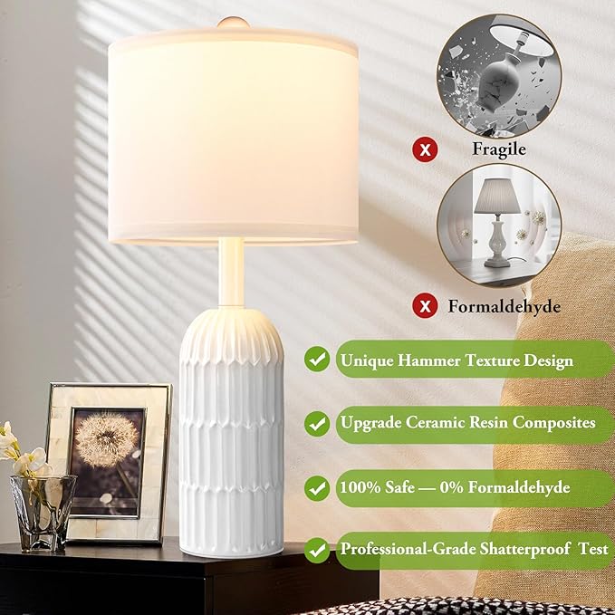 22.5" White Modern Table Lamps Set of 2 for Living Room Bedroom, Farmhouse Vintage Bedside Table Lamps with White Linen Shade, Rustic Bedroom Table Lamp for Nightstand Home Office End Table Dorm - Bloomnest