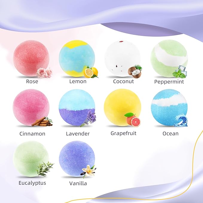 TranquilBliss Bath Bombs for Women, 50 PCS Set with 10 Rich Scents, Natural Bubble Bathbombs, Dry Skin Moisturizing, Present for Christmas, Mother’s Day, Birthday, for Mom, Wife, Her, Girls - Bloomnest