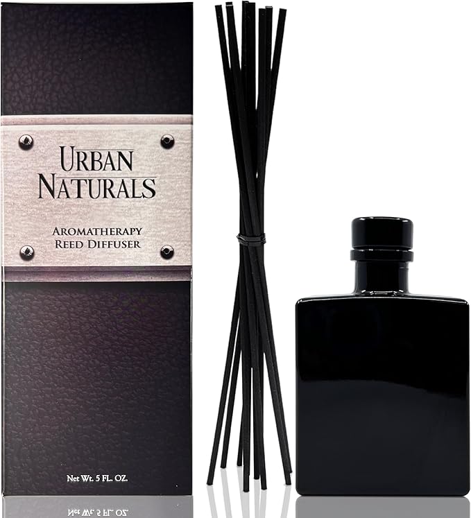 Urban Naturals Crisp Alpine Air Reed Diffuser Set with Eucalyptus, Citrus, Vanilla, Pine & Balsam Notes – 5 Ounce Sleek Black Rectangular Refillable Glass Bottle – Made in the USA UrbanNaturals