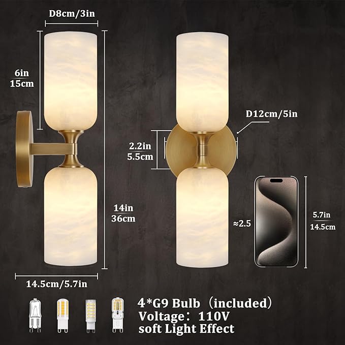 Alabaster Wall Sconces Set of Two, 14in Modern Spanish Natural Marble Bathroom Vanity Sconces, Brass Alabaster Sconce Wall Lighting, Gold Wall Light Fixtures Decor for Bedroom Living Room Staircases - Bloomnest
