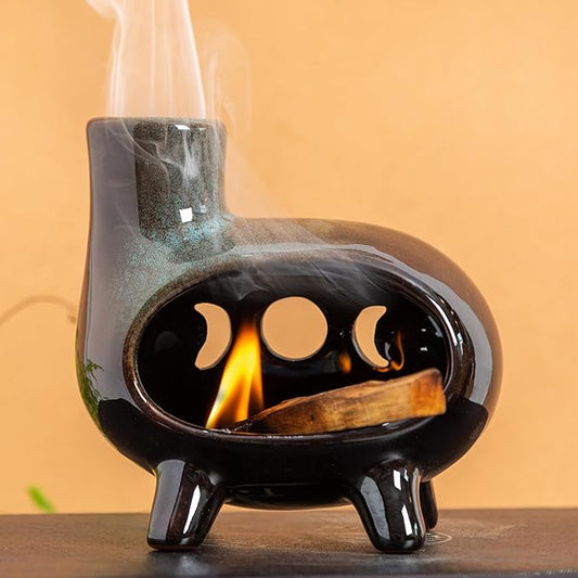 Handcrafted Ceramic Palo Santo Holder Burner with Green Glaze - Modern Footed Pottery Incense Chimney Dish - Great for Meditation - Wood Sticks, Sage, Ash Catcher Bowl, Cone Compatible.