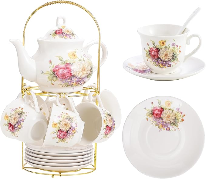 20-Pieces Porcelain Tea Sets For Women, Tea Set For Adult with Golden Metal Rack,Tea Gift Sets for Home&Party(012) - Bloomnest