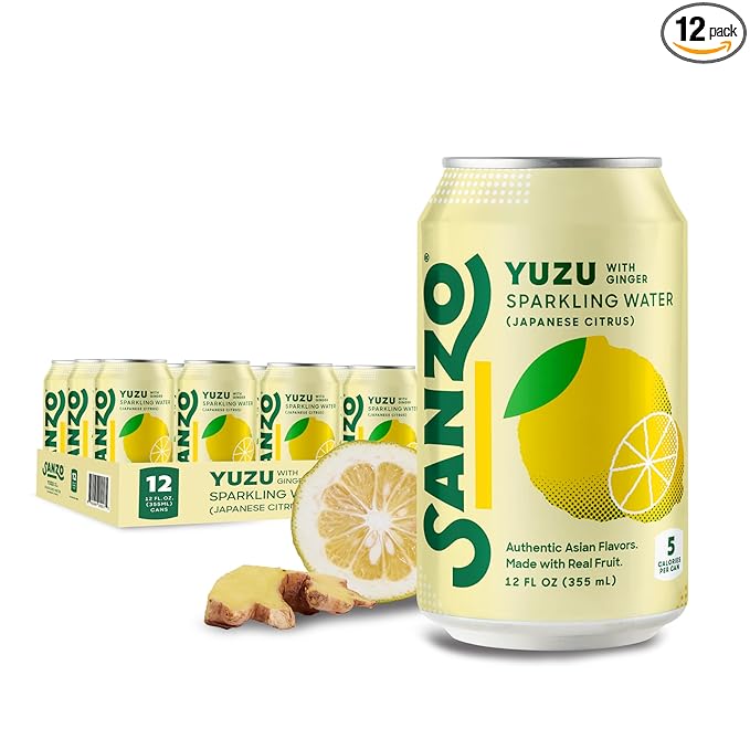 Sanzo Flavored Sparkling Water - Yuzu Lemon Seltzer (with Ginger) - Low Calorie Low Sugar Soda - Craft Asian Drinks - Vegan Gluten Free Carbonated Flavored Water - Fizzy Healthy Drinks - 12oz, 12 Pack - Bloomnest