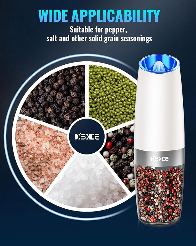 XinXu Gravity Electric Pepper and Salt Grinder Set, Adjustable Coarseness, with LED Light, One Hand Automatic Operation (Set/Snow White X) - Bloomnest