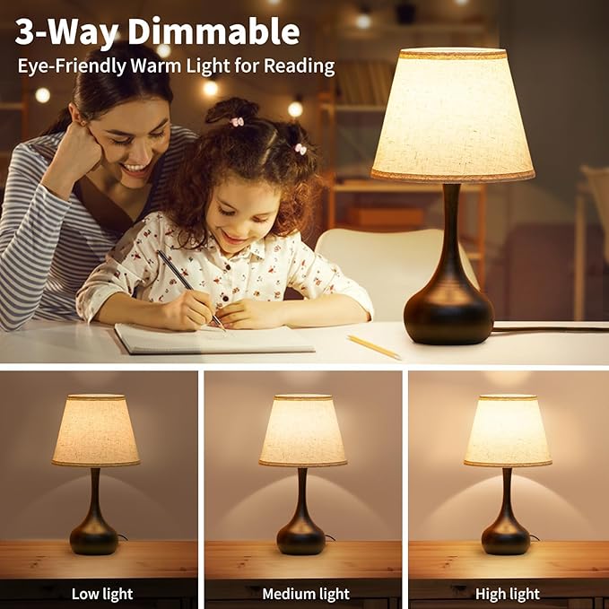 ONEWISH Touch Bedside Lamp Set of 2, Farmhouse 3-Way Dimmable Table Lamps for Nightstand with Fabric Shade, Desk Lamp for Reading, Bedroom, Livingroom, Office - Bloomnest