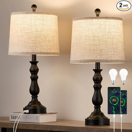 23'' Farmhouse Table Lamps for Living Room Set of 2 with USB C+A Ports, Retro Bedside Lamp for Bedroom, Office, Dining Room, Knob Switch, 3 Color Temperatures, Bulb Included, Black - Bloomnest