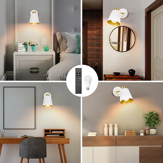 Wall Sconces with Remote Control, Plug in Wall Sconce Adjustable Color Temperature and Dimmable Wall Sconces White Wall Lights with Plug in Cord for Bedroom Bedside Stairway(2 Pack, 2 Bulbs) - Bloomnest