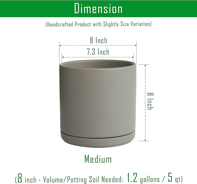 Set of 2 Plants Pots, 8 Inch Ceramic Planter Pot for Plants with Drainage Hole and Saucer, Speckled Grey, 94-V-D-3 - Bloomnest