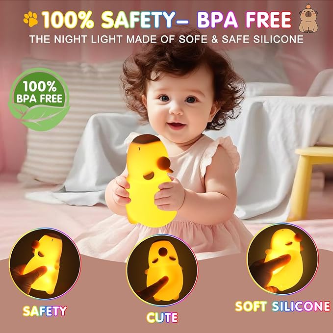 Night Light for Kids, 7 Color Changing BPA-Free Silicone Lamp with Touch Control, Eye Protection, Rechargeable Battery, Soft & Safe Nursery Lamp for Boys & Girls (Sleeping Capybara) - Bloomnest