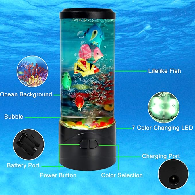 Toycol Bubble Fake Fish Lamp, Sensory Aquarium Lamp with 5 Floating Fake Fish & 7 Colors Light, Night Light for Relax and Decoration, Ideal Gift for Kids and Adults - Bloomnest