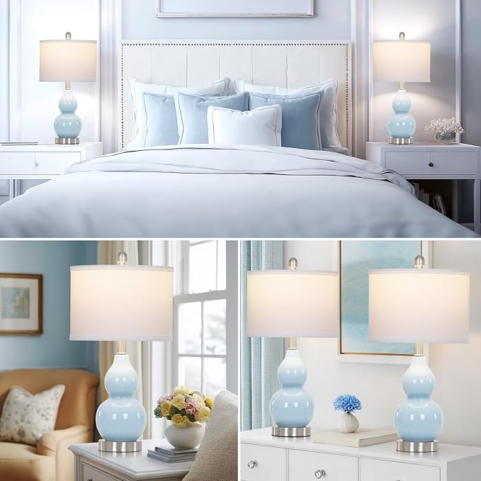 22" Double Gourd Ceramic Table Lamps Set of 2, Blue Modern Bedside Lamps for Living Room, Contemporary Nightstand Desk Lamps for Bedroom End Table Home Office Study Room Decor(2 LED Bulbs Included) - Bloomnest