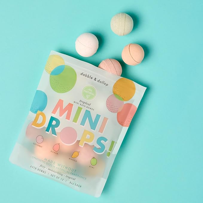 Dabble & Dollop Mini Bath Bombs, 100% Natural Droplets for Kids, Tropical Scents - Resealable Pouches, Fizzy, Moisturizing & Fun, Vegan, Gluten-Free, Cruelty-Free (Set of 24) - Bloomnest