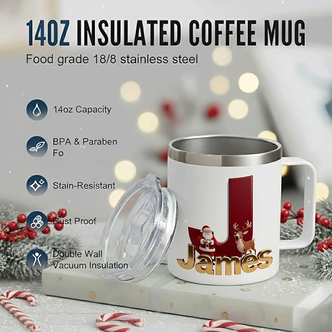 Personalized Christmas Insulated Coffee Mug with Handle – Letter [C] Double Wall Stainless Steel Travel Tumbler for Hot & Cold Drinks – Unique Holiday Gift for Men, Women, & Kids (B128) - Bloomnest