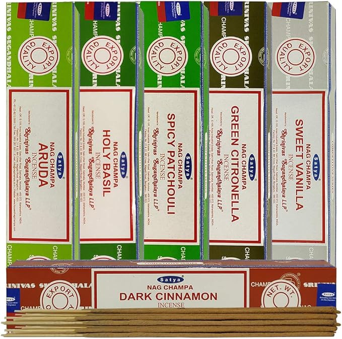 Satya Incense Sticks Variety Pack #8 and Incense Stick Holder Bundle with 6 Festival Fragrances TRUMIRI