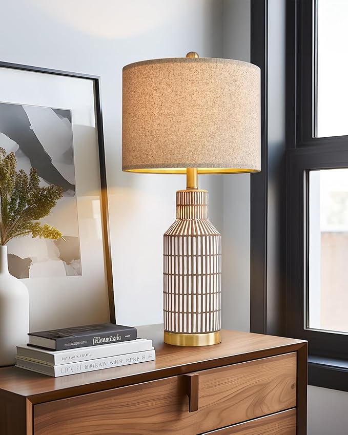 25" Table Lamps Set of 2, Modern Ceramic Bedside Lamps - Farmhouse Brown Nightstand Lamps for Bedroom, Boho Living Room End Table & Office Desk Decor - Bloomnest