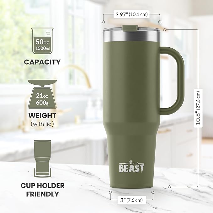 Beast 50 oz Tumbler Stainless Steel Vacuum Insulated Coffee Ice Cup Double Wall Travel Flask (Army Green) - Bloomnest