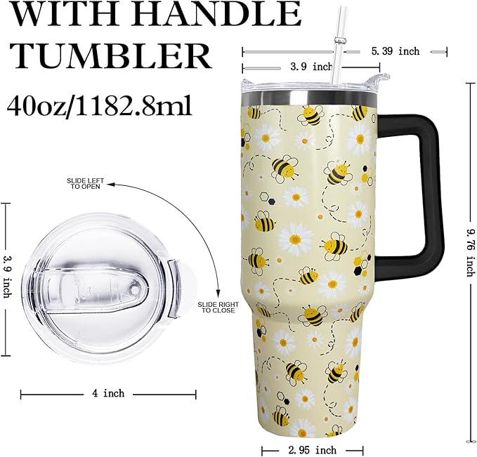 Ceovfoi Bee Gifts, 40oz Tumbler With Handle, Lid and Straw - Queen Coffee Mug, Skinny Water Bottle - Honey Themed Gifts for Women, Daisy Flowers Decor - Bloomnest