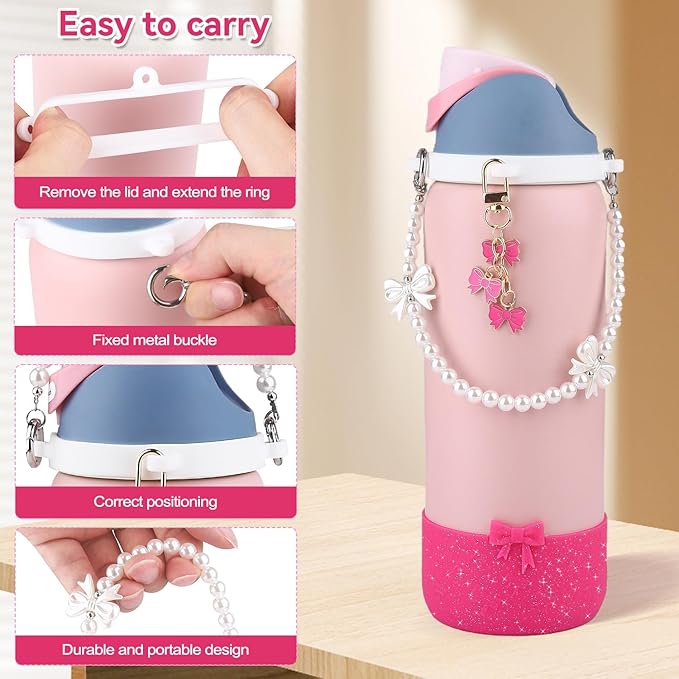 Water Bottle Accessories Set for Owala FreeSip 24oz、32 oz– Includes Pearl Handle Strap, Bow Charms,2.9in .3inch Silicone Bling Boot for Owala Accessories for Women Bloomnest