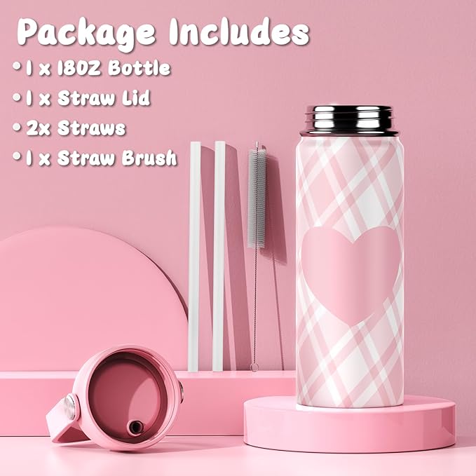 18oz Kids Insulated Water Bottle with Straw Lid - 18/8 Stainless Steel Kid Cup Travel Tumbler Double Wall Vacuum Leak Proof Portable Toddler Water Bottle (Plaid Pink+Green） - Bloomnest