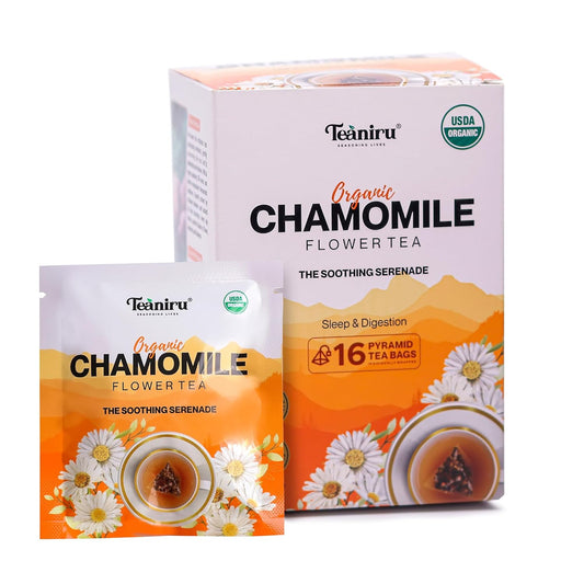 Teaniru, Pure Chamomile Flower Tea - 16 Individual Sachets | For Good Sleep & Healthy Digestion | Rich in Antioxidants & Minerals | Your Superherb Cup | Certified by USDA Organic | Thanks Giving