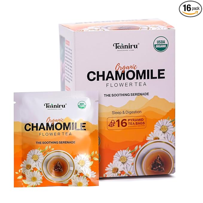 Teaniru, Pure Chamomile Flower Tea - 16 Individual Sachets | For Good Sleep & Healthy Digestion | Rich in Antioxidants & Minerals | Your Superherb Cup | Certified by USDA Organic | Thanks Giving - Bloomnest