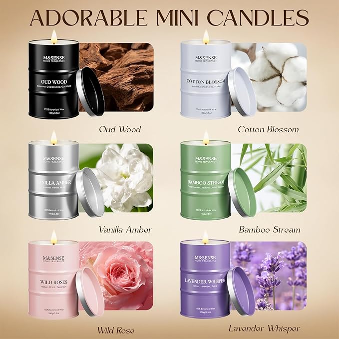 Fall Candle Gift Set | Mini Scented Candles Set | 6 Pack Candles for Home Scented,Oud Wood,Cotton Blossom,Vanilla Amber,Bamboo Rose Lavender Candle,Gift Set for Women and Men,Soy Wax 21 oz 105 Hour - Bloomnest