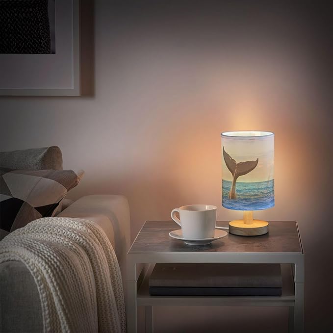 Table Lamp Humpback Whale Diving Tail Out of Sea Blue Ocean Nightstand Lamp with Wood Base Fabric Lamp Shade Bedside Desk Lamp for Living Room Bedroom Kids Room Office - Bloomnest