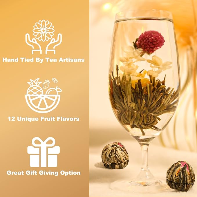 FullChea - Blooming Flowering Tea, 12 Unique Varieties - Flowering Tea in 12 Delicious Fruit Flavors - Gift For Tealovers, Christmas, Anniversary, Valentine, Birthday - Bloomnest