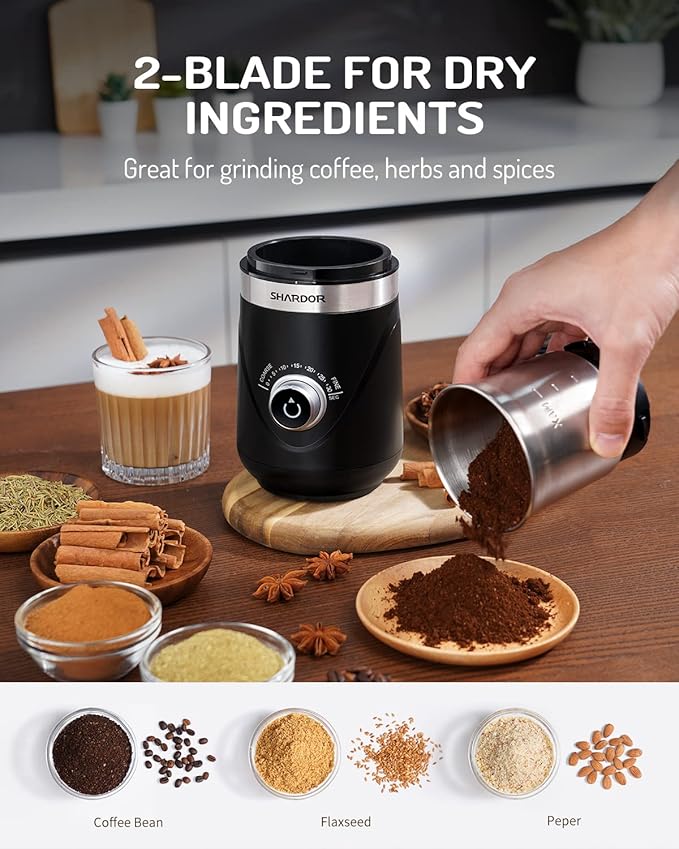 SHARDOR Electric Super Silent Blade Coffee Grinder, Timed Grind Control Rotary Knob, Adjustable Coarse to Fine for Coffee Beans, Spices & Herbs, with 2 Removable Stainless Steel Bowl, Black - Bloomnest