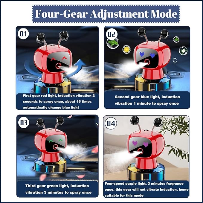 Robot Intelligent Aromatherapy Machine, Smart Cute Robot Car Air Freshener - Fine Spray/Fillable/Four-Gear Adjustment/Vibration Sensing/On-Off/Large Capacity Long-Lasting Fragrance/Red-V2(Hilton) - Bloomnest