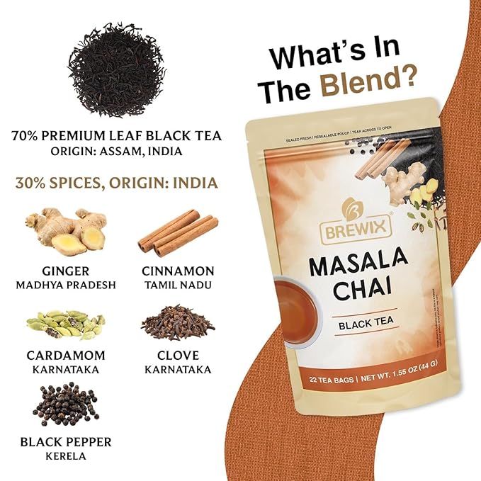 BREWIX, Masala Chai Tea Bags (22 Pyramid Tea Bags) Strong, Robust & Spicy - Pure Ingredients | Black Tea, Cinnamon, Ginger, Black Pepper, Cardamom & Cloves, Packed in Resealable Ziplock Pouch - Bloomnest