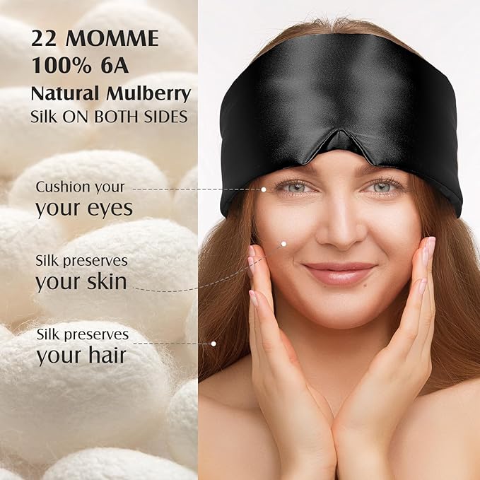 YFONG 100% Mulberry Silk Sleep Mask, Total Blackout Eye Mask for Women & Men, 22 Momme 6A Grade Silk with Adjustable Band Designed for Side Sleeper Black - Bloomnest