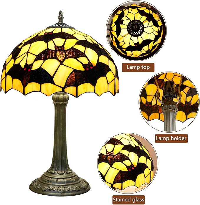 Tiffany Lamp Black Bat Style Stained Glass Table Lamp Vintage Bedroom Bedside Light for Home Dorm Office Art Craft Antique Decor Accent Aesthetic Nightstand Reading Light 12x12x19 Inches - Bloomnest