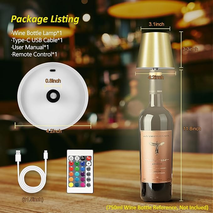 2025 New Wireless Bottle Lamp - LED Bottle Lights for Liquor & Wine Bottles, Cordless Lampshade, Whiskey Bottle Top Light, Bottle Stopper Night Light Kit, Rechargeable RGB Remote & Touch-Dimmable - Bloomnest