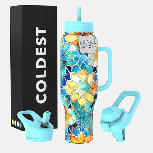 Coldest Tumbler with Handle and Straw, 100% Leak Proof Insulated Tumbler with Lid and Straw (3 Lids), Stainless Steel Tumblers for Women & Men, Cup Holder Friendly, 46 oz (Morrocan Vibes) - Bloomnest