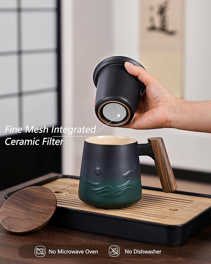 ZENS Embossed Ceramic Tea Mug with Infuser and Lid, 14.5 oz Wooden Handle, Loose Leaf Tea Steeper Mugs & Strainer for Tea Lovers Gifts