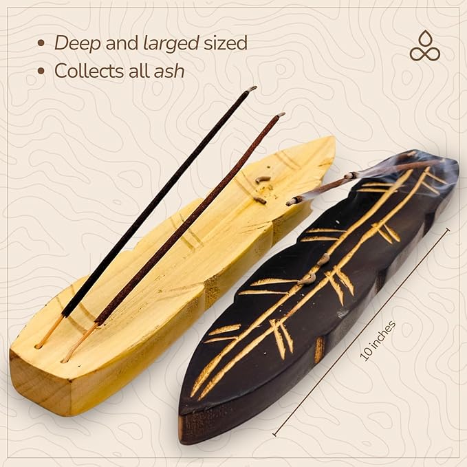 Handmade Wooden Incense Holder - Pack of 2 Incense Holder for Sticks | Double Coloured Leaf Shaped Insence Trays | Natural Mango Wood Insence Holder for Relaxation and Meditation (10 Inch) - Bloomnest