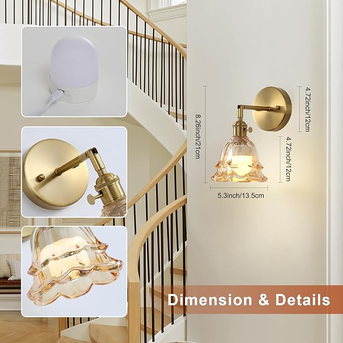 2 Pack Vintage Battery Operated Wall Sconces, Rose Amber Lampshade & 180 Degree Adjustable, Wireless Rechargeable RGB Wall Light with Remote Control, for Bedroom Living Room Hallway Aisle - Bloomnest