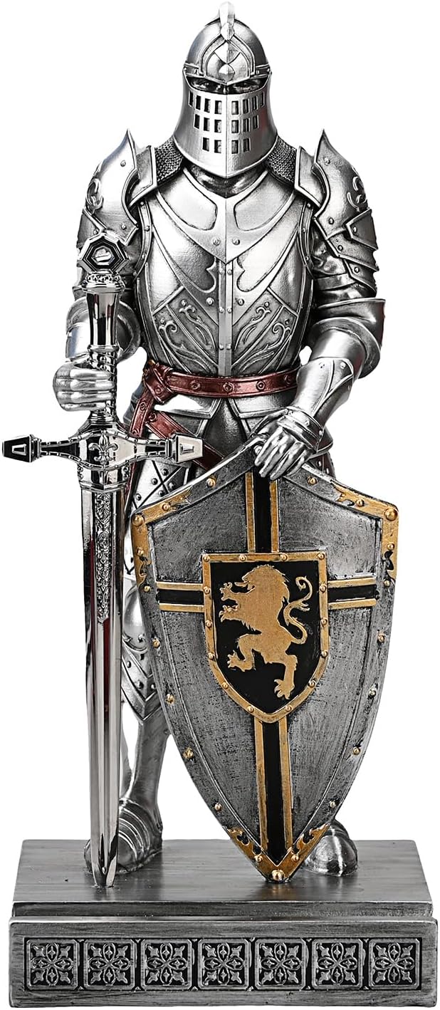 King's Guard Ornament Knight Statue for Desk, Desktop Accessories Pen Holder Pen Stand Paperweight for Office and Home (Silver)