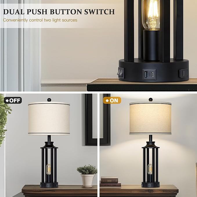27.5" Black Farmhouse Table Lamps Set of 2, Tall Vintage Lamps for Living Room with USB A+C Charging Ports & AC Outlet, Rustic Bedside Lamp with Night Light, Bedroom Lamp for Nightstand Side End Table - Bloomnest