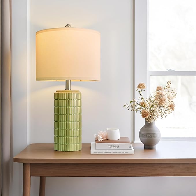 PoKat 23" Green Ceramic Table Lamps Set of 2, Farmhouse Table Lamps for Living Room, Modern Lamps for Bedroom Night Stands, Traditional Nightstand Desk Lamps, Medium - Bloomnest