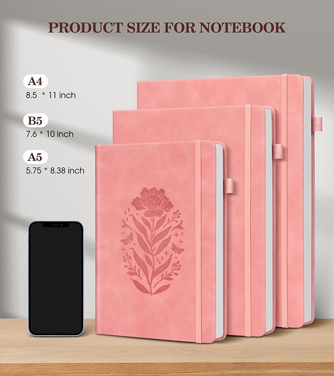 Lined Journal Notebook for Women, A5 Pink Hardcover Leather Journals for Writing, 200 Pages Thick Travel Daily Journal, College Ruled Notebook for Work School, Note Taking, Business 5.75'' X 8.38'' - Bloomnest