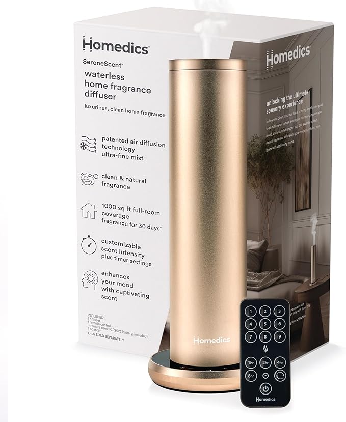 Homedics SereneScent Waterless Home Fragrance Diffuser, Use with Homedics SereneScent Oil (Sold Separately), Patented Air Diffusion Technology, Clean & Natural Fragrance, Enhances Mood, Champagne - Bloomnest